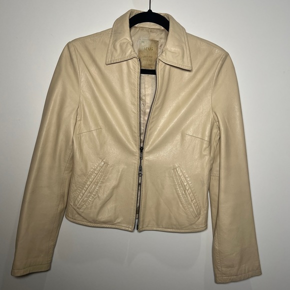 MNG. Size Small
Beige genuine 100% leather jacket 
Double front zipper closure - Picture 1 of 12